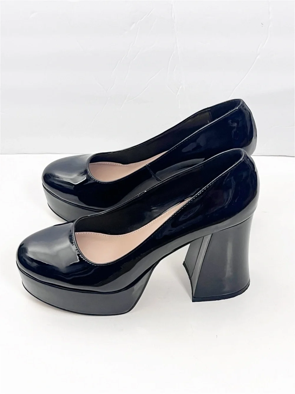 LULUS Joanah Black Patent Leather Round Toe Chunky Platform Block Heels Size 9